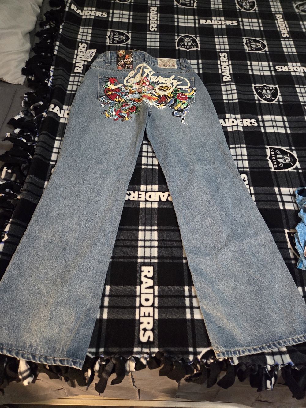 Ed Hardy Light Blue Straight-Leg Jeans with Colorful Embroidered Back - Picture 2 of 7